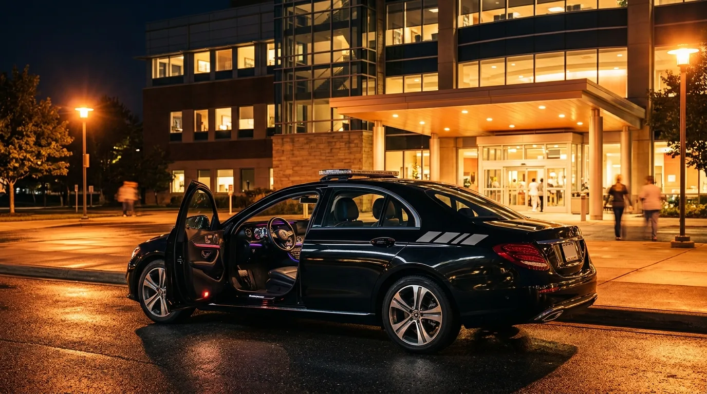 Chauffeur accompagnant un patient vers un véhicule de transport médical